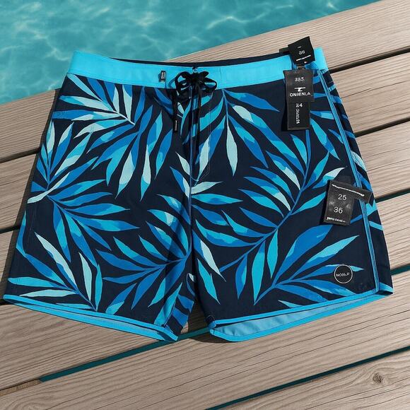 O’Neill Hyperfreak Board Shorts Men’s 38 NWT Palm Leaf Swim Trunks Blue Navy - Picture 1 of 6